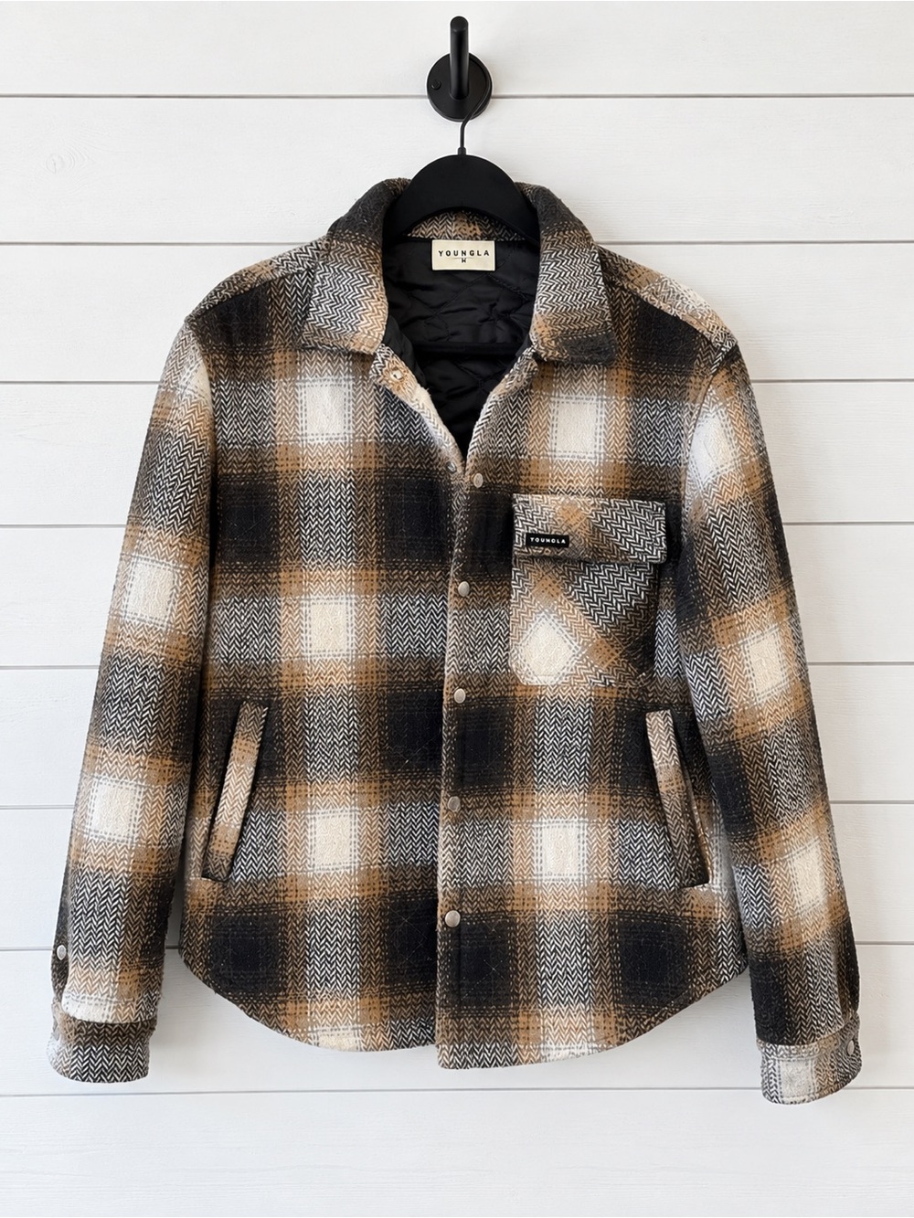 YoungLA Men's Plaid Shacket Jacket - Black, Brown & White
